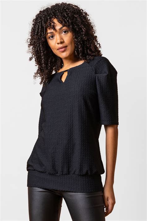 Keyhole Neck Textured Top In Black Roman Originals Uk