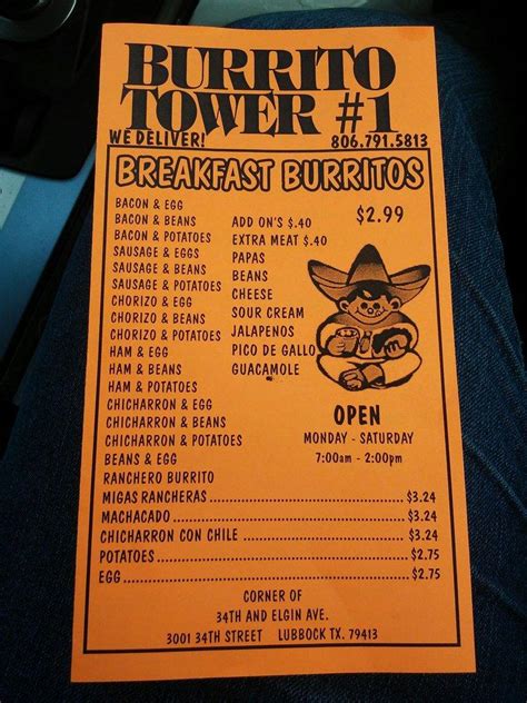 Menu At Burrito Tower 1 Restaurant Lubbock 34th St