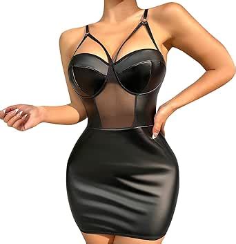 Women Sexy Lingerie Set Sleeveless Zipper Front Pu Leather Tight Sexy Lingerie Sleepwear