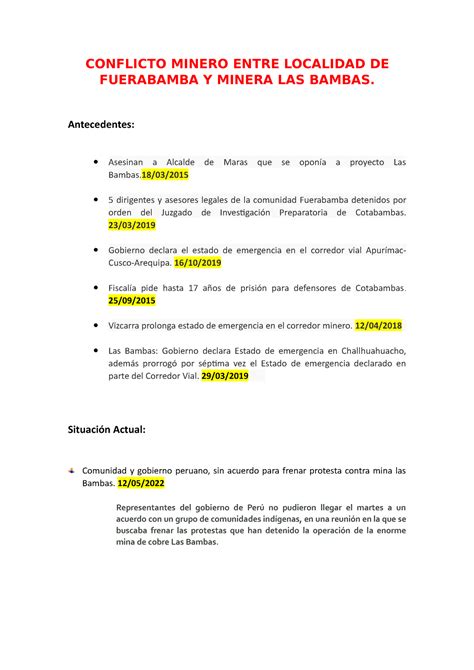 Conflicto Minero Entre Localidad De Fuerabamba Y Minera Las Bambas