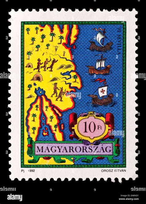 Postage Stamp From Hungary Depicting Columbus Fleet Approaching The