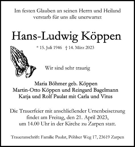 Traueranzeigen von Hans Ludwig Köppen trauer anzeigen de