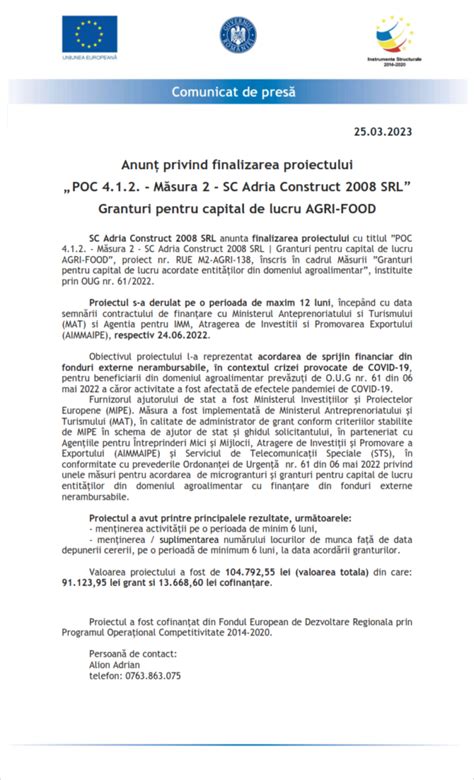 Anunț privind finalizarea proiectului POC 4 1 2 Măsura 2 SC Adria