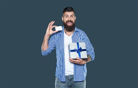 Happy Mature Bearded Man With Present Box And Card Stock Image Image