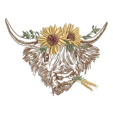 Sunflower Scottish Highland Cow Machine Embroidery Design Etsy