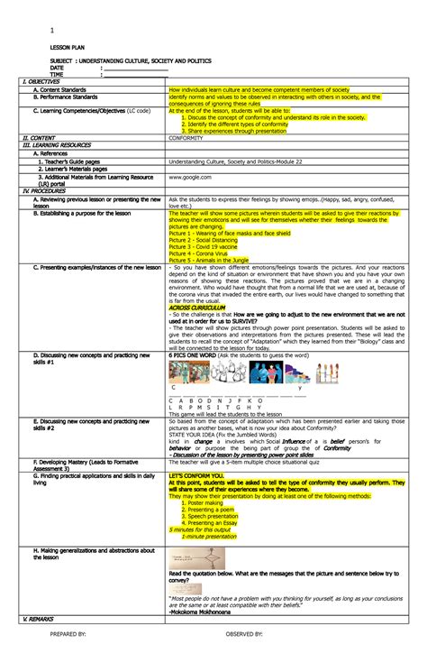 Lesson Plan Cot Lesson Plan Subject Understanding Culture Society