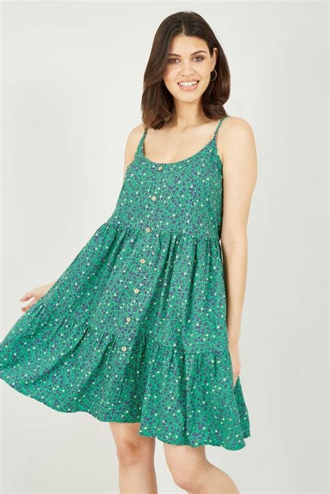 Mela Green Ditsy Floral Tiered Dress Mela