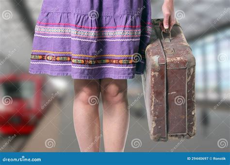 Girl With A Retro Suitcase At The Train Station Stock Image Image Of