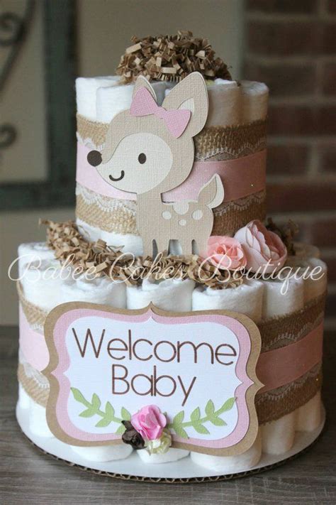 2 Tier Pink Deer Woodland Diaper Cake Girl Woodland Baby Etsy Girl