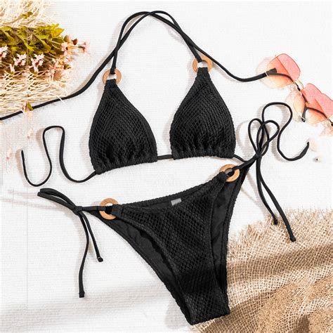 Sexy Crochet Hook Micro Thong Bikini String Halter Swimsuit Women