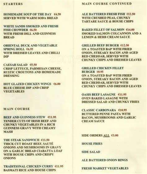 The Oasis Bar and Grill - White Sands Hotel Menu - Zomato Ireland