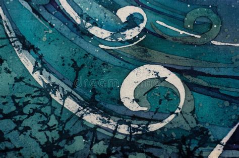 Waves Curly Turquoise Hot Batik Background Texture Handmade On Silk Stock Illustration