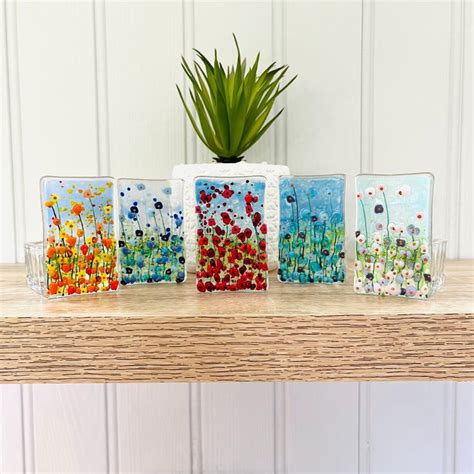 Fused Glass Art Wild Flower Candle Holders Cornish Fused Glass Fused