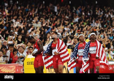 Beijing China Th Aug Justin Gatlin Tyson Gay Mike Rodgers And Trayvon Bromell React