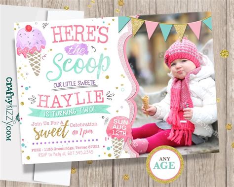 Ice Cream First Birthday Invitations Second Birthday Invitation Two