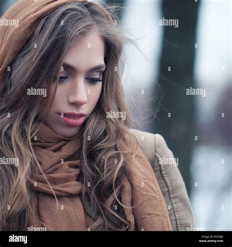 Closeup Portrait Of Cute Woman Perfect Female Face Close Up Stock