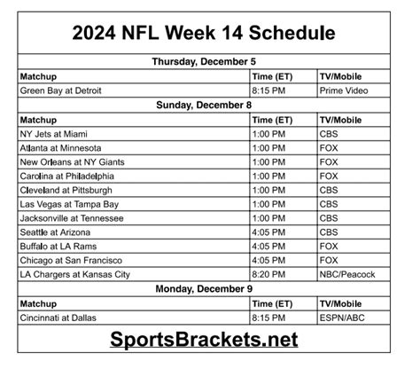 2024 Nfl Week 14 Schedule Printable Tv Schedules Sports Brackets