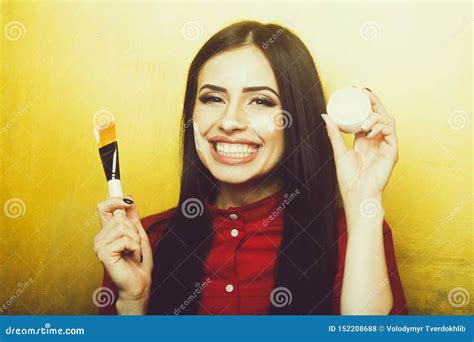 Pretty Brunette Woman Face With Artist Or Makeup Brush Stock Photo Image Of Beauty Fashion