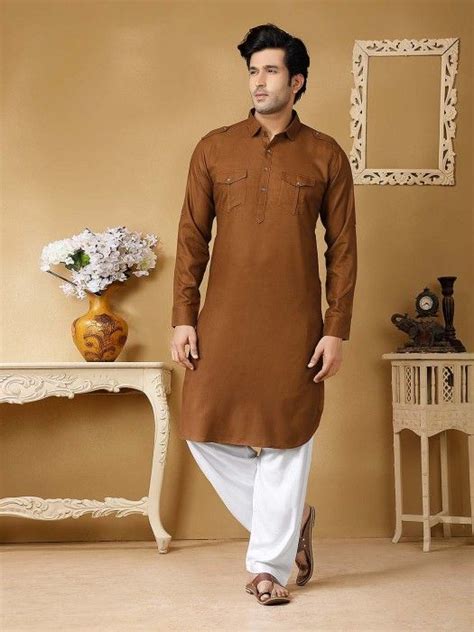 Brown Solid Pattern Cotton Silk Festive Pathani Suit Pathani Suit