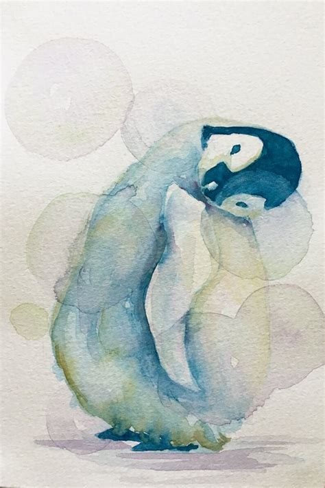Original Watercolor Postcard Penguin Bubbles Handmade Animal - Etsy