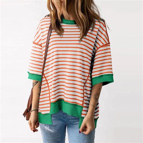 High Fashion Lady New Stripe Contrasting Color Pullovers Summer Loose