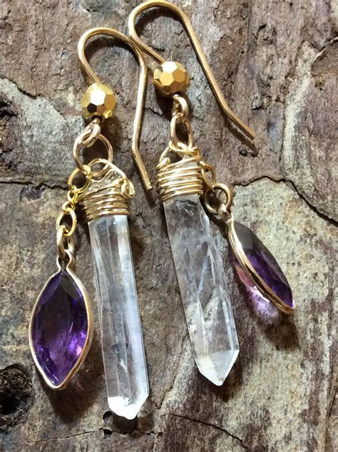 Quartz Crystal Earrings, Quartz Point earrings, Amethyst and Quartz ...