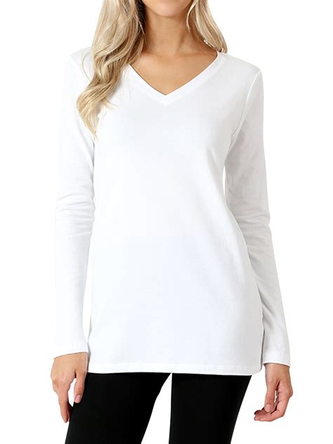 Women Casual Basic Cotton Loose Fit V Neck Long Sleeve T Shirt Top