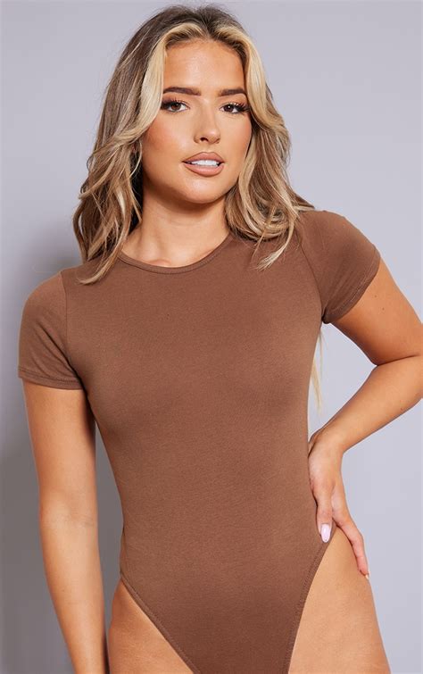 Chocolate Cotton Short Sleeve Bodysuit Tops Prettylittlething Usa