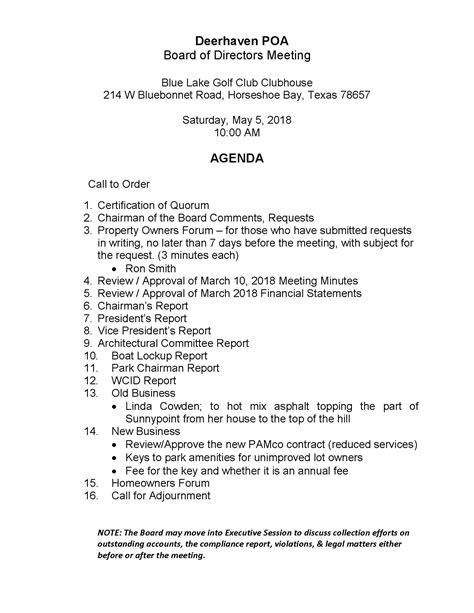 May 5th 2018 Board Of Directors Meeting Agenda Deerhaven Poa