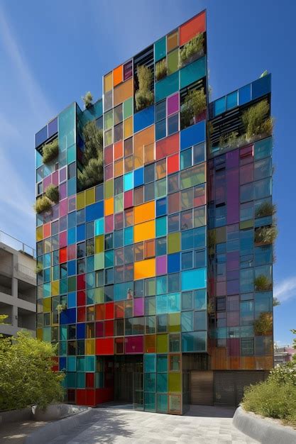 Un Edificio Colorido Con Muchas Ventanas Y Un Rbol A Un Lado Foto