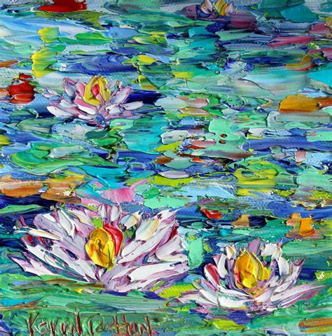 Lily pond painting, garden art, original oil palette knife impressionism on canvas fine art by ...