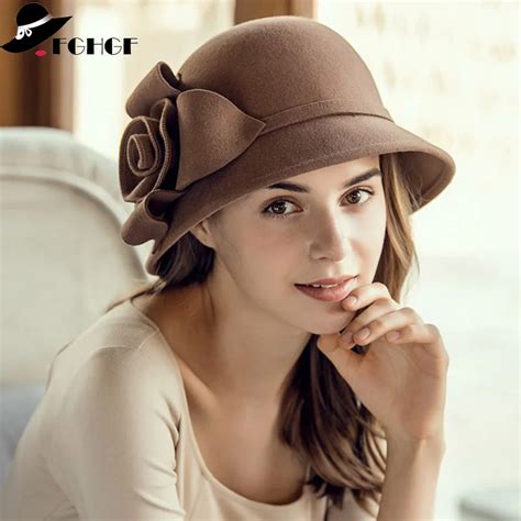 Fghgf Classical Wool Felt Hat Vintage Style Bowler Hats Elegant Solid Floral Women Winter Hat