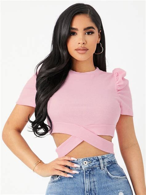 SHEIN Puff Sleeve Crisscross Hem Crop Tee In 2022 Fashion Simple