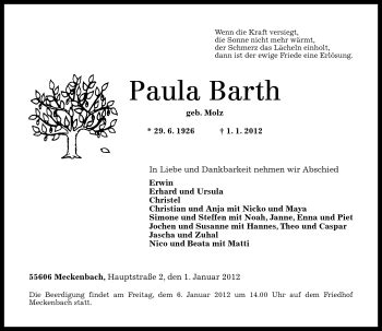 Traueranzeigen Von Paula Barth Rz Trauer De