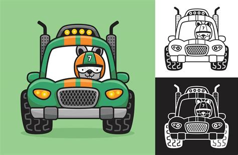 Rabbit wearing racer helmet on racing car. Vector cartoon illustration ...