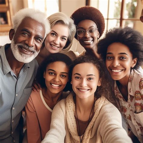 Retrato de sonrisa familiar y selfie de diversidad con niños padres y