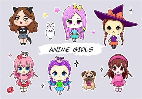 Premium Vector A Set Of Cute Anime Girls Illustrations In Various