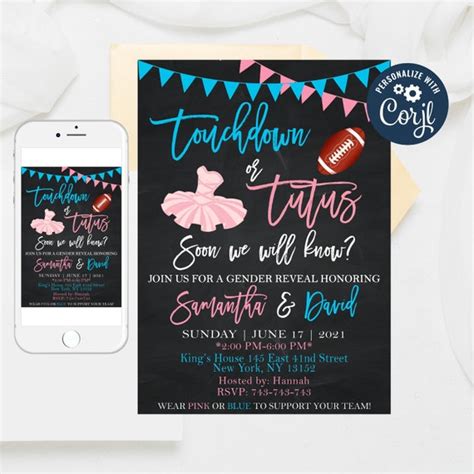 Editable Touchdown Or Tutus Gender Reveal Invitation Boy Or Etsy