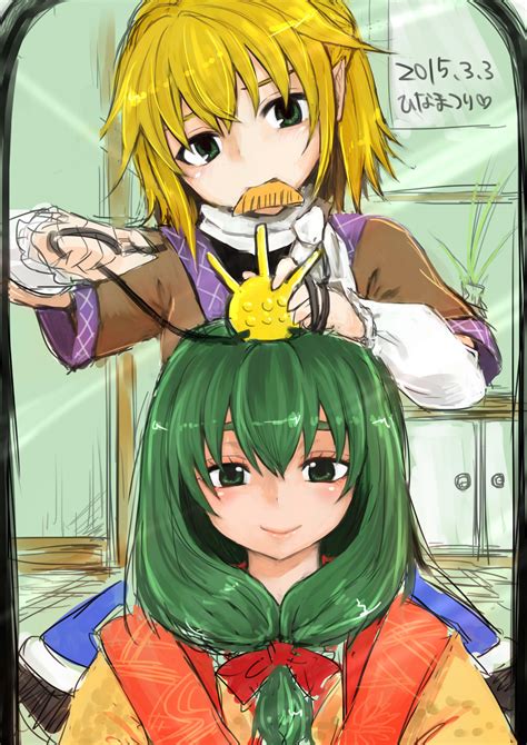 Safebooru 2girls Alternate Costume Blonde Hair Dressing Green Eyes Green Hair Highres