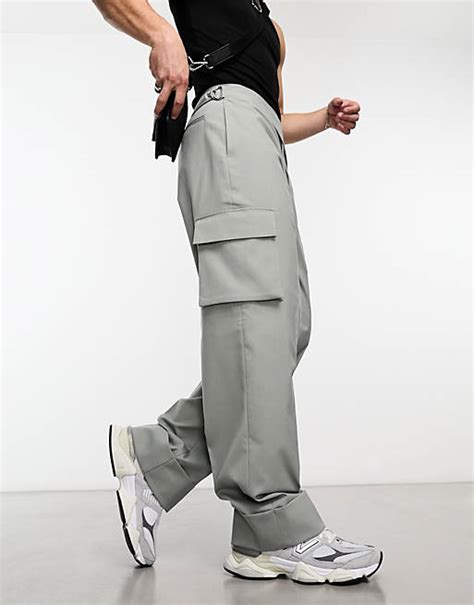 Asos Design Wide Leg Cargo Smart Trousers With Asymmetric Waist Detail