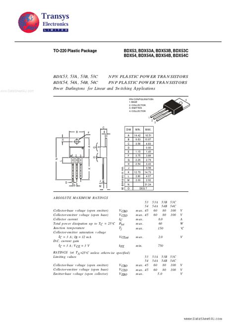 Bdx54b Datasheet Pdf Transys