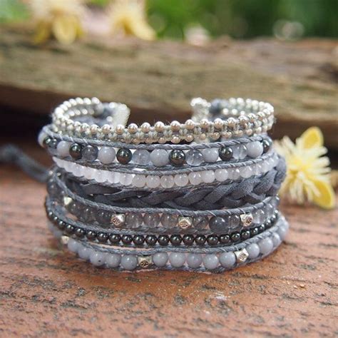 Grey Mix Cuff Bracelet Boho Bracelet Beaded Bracelet Bridal T