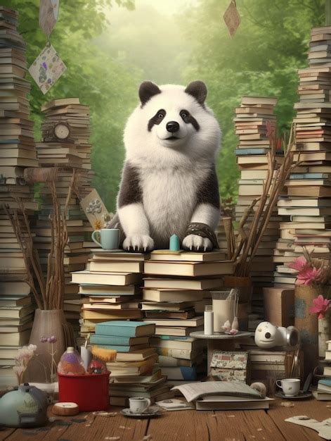 Um Urso Panda Est Sentado Em Uma Pilha De Livros Um Livro Sobre