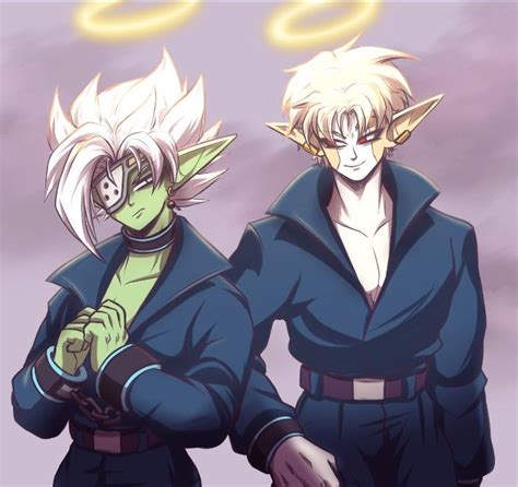 Two Anime Characters Standing Next To Each Other In Front Of A Cloudy