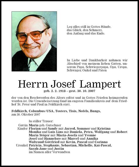 Todesanzeigen Von Josef Lampert Todesanzeigen Vorarlberger Nachrichten