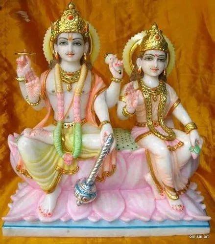 Painted Hindu White Marble Laxmi Vishnu Statue For Home Size 12 Inch