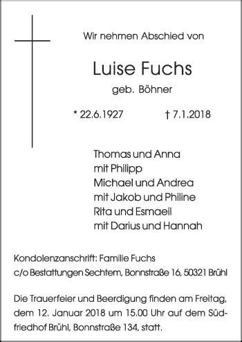 Traueranzeigen Von Luise Fuchs WirTrauern