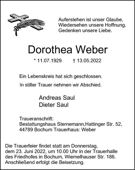 Traueranzeigen Von Dorothea Weber Trauer In NRW De