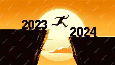 Silhouette Of Person Making A Brave Jump From Year 2023 To 2024 New