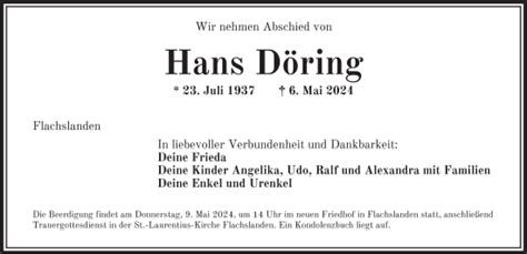 Traueranzeigen Von Hans D Ring Trauer Flz De